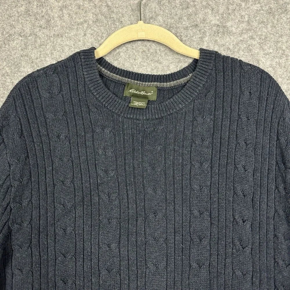 Vintage Eddie Bauer Cable Knit Sweater Mens Large Blue Cotton Crewneck Preppy